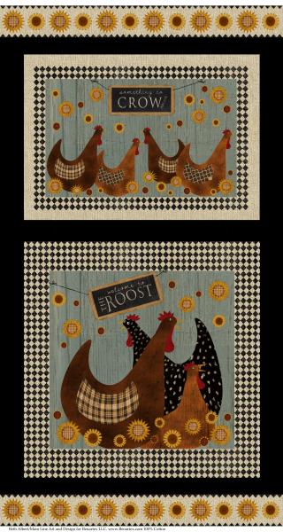 Roosting character chickens on a double panel