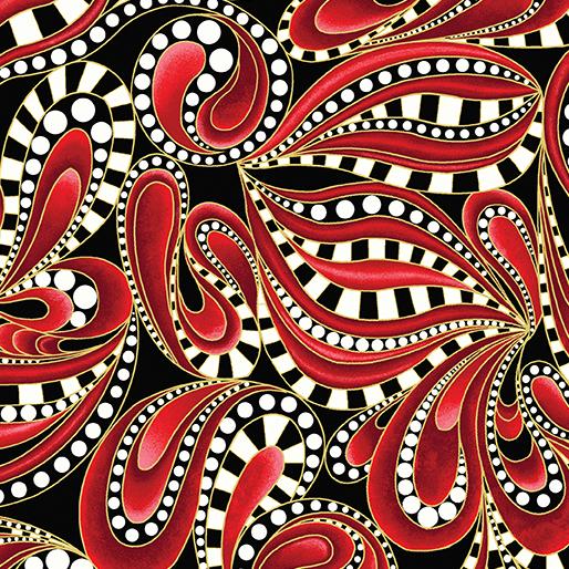 Paisley tonal red swirl on black background