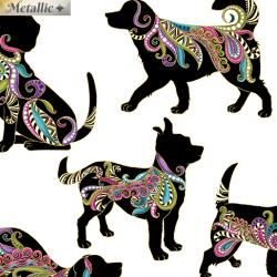 black dogs with multi coloured buts on them on white background