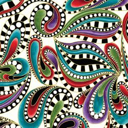 Multi coloured paisley swirl with white background