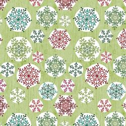 multi coloured snowflakes in white circles with a green background