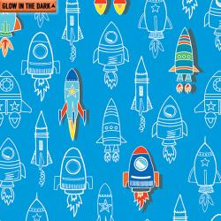 GLOW IN THE DARK SPACE SHIPS and rockets ON BLUE BACKGROUND