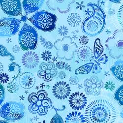 butterflies and flowers on blue background 